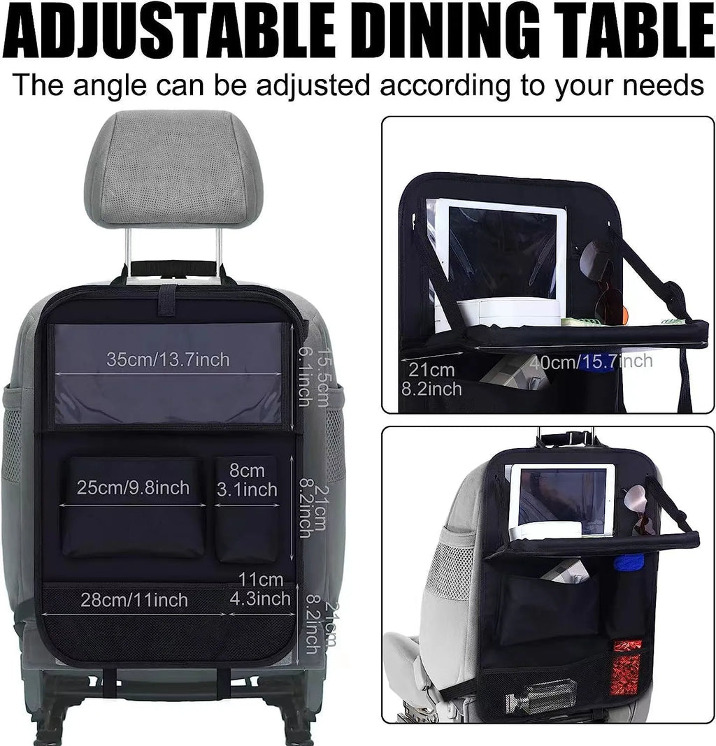 Black Oxford cloth car seat back storage bag hanging on vehicle seat