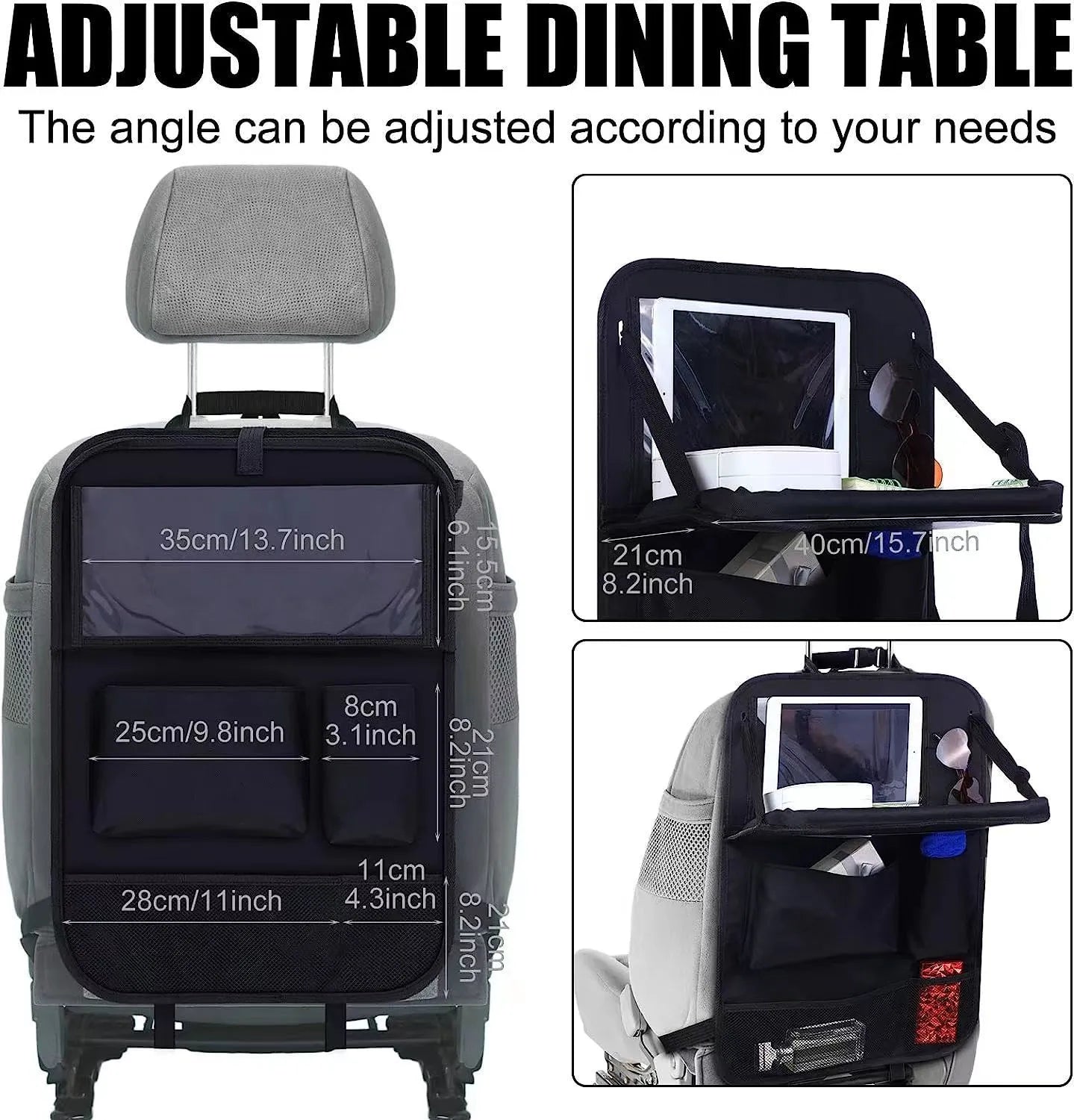 Black Oxford cloth car seat back storage bag hanging on vehicle seat