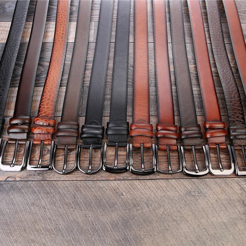 Men's black business belt with alloy pin buckle on imitation leather strap