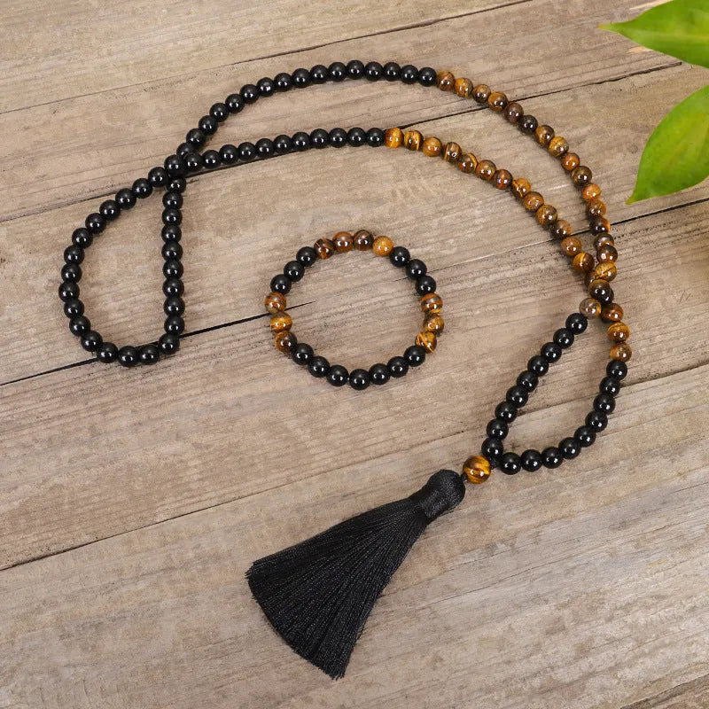 Tiger eye stone tassel sweater chain with 81cm circumference and drop shape pendant