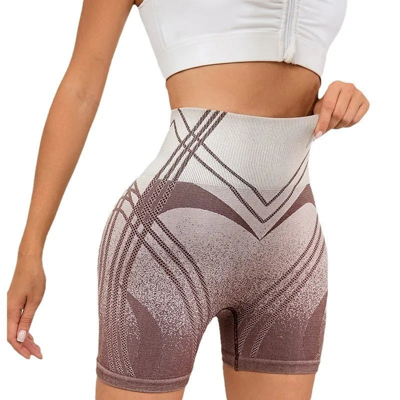 Women's brown gradient high-waisted fitness shorts for yoga and running.