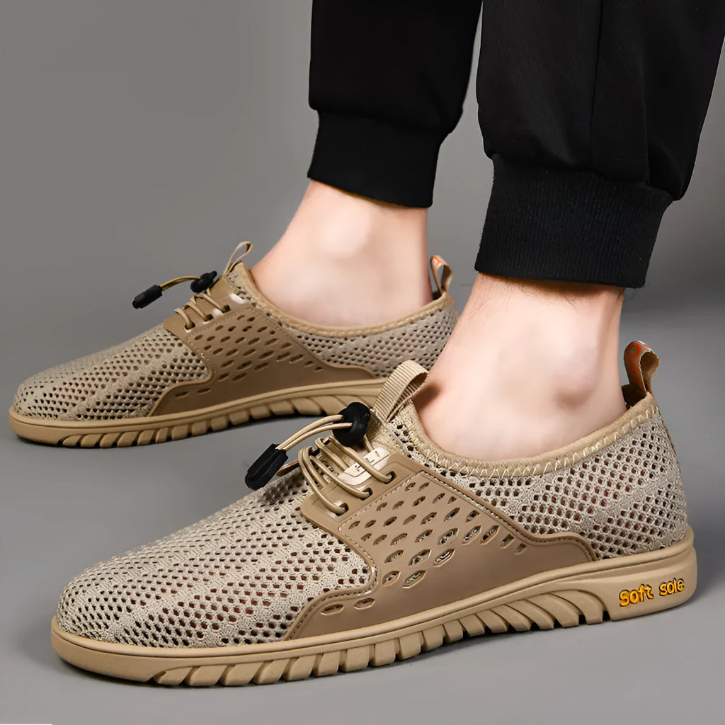 Men's black breathable mesh casual summer shoes with elastic slip-on band and rubber sole
