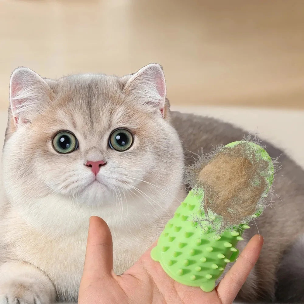 Silicone cat grooming comb and scratcher set with adjustable strap in black, green, pink, or yellow.