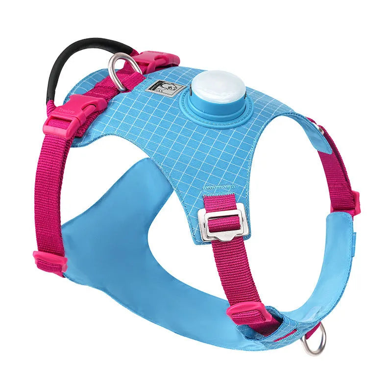LED dog chest harness in light purple colour showing chest strap design and integrated light for nighttime visibility