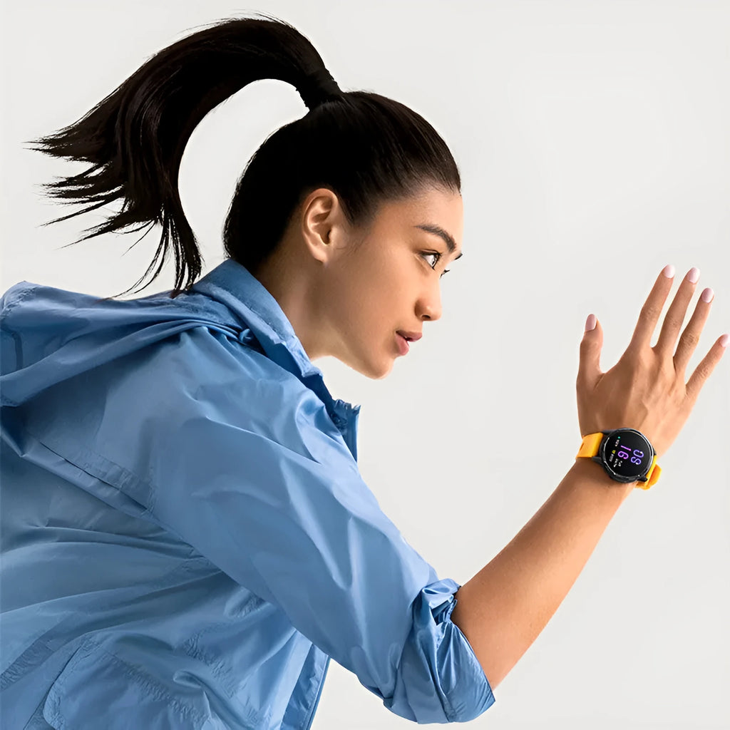 Dual band GPS smart watch with silicone strap in black, white, or blue colour on wrist