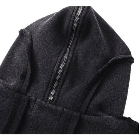 Black cotton padded cardigan coat with zip-up hood and loose retro styling