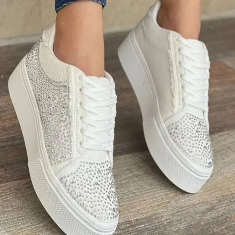 Plus size women's casual shoes with rhinestone details and lace-up front in multiple colour options