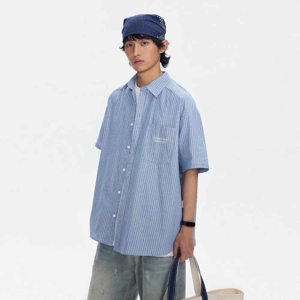 Blue and white striped loose-fit short-sleeved overalls shirt or cardigan for men and women