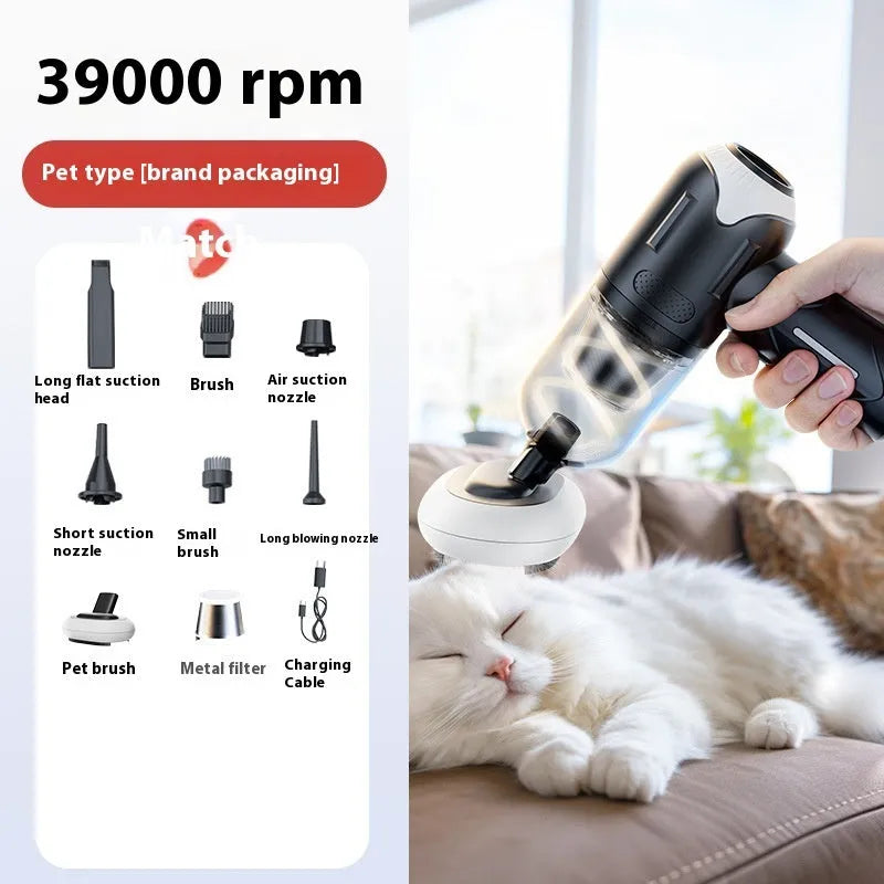 Handheld pet hair vacuum cleaner with attachments on a grey background