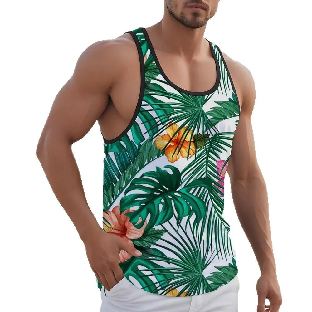 Men's 3D printed sleeveless vest T-shirt in Hawaiian style solid colour design
