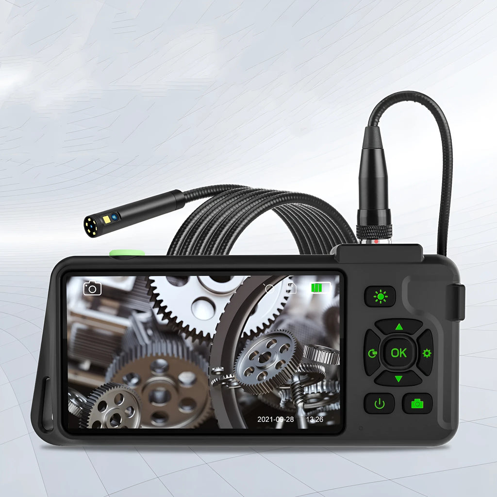 Handheld industrial endoscope with 4.5-inch colour screen and flexible inspection cable for automotive diagnostics