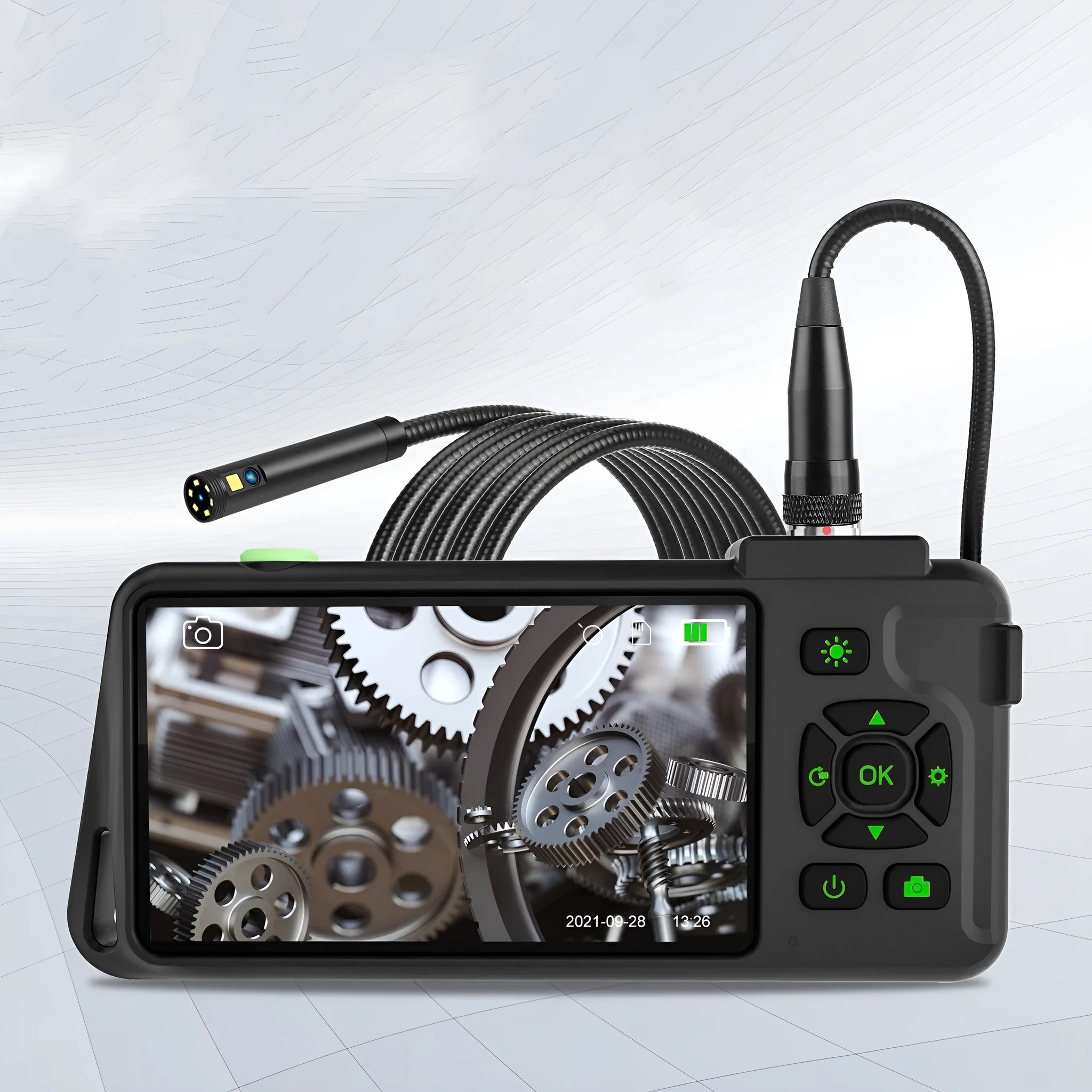 Handheld industrial endoscope with 4.5-inch colour screen and flexible inspection cable for automotive diagnostics
