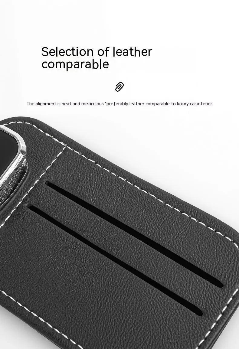 Automotive sun louver card holder in cowhide leather with snap-on clip for vehicle organisation