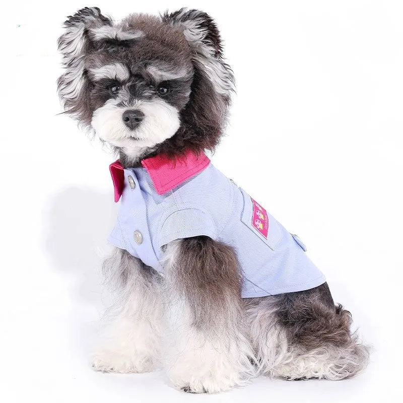 Blue and purple polyester dog vest with integrated traction rope ring for small dogs