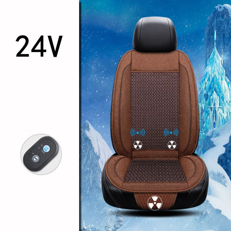 Black car ventilation seat cushion with massage function showing 60x60cm dimensions on car seat