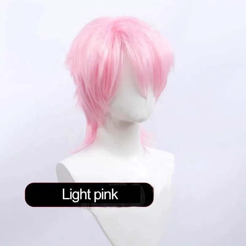 Men's short anime cosplay wig in multiple colours made from heat-resistant synthetic fibre