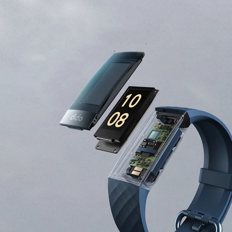 Black smart bracelet with ECG, blood pressure and blood oxygen monitoring on a wrist.
