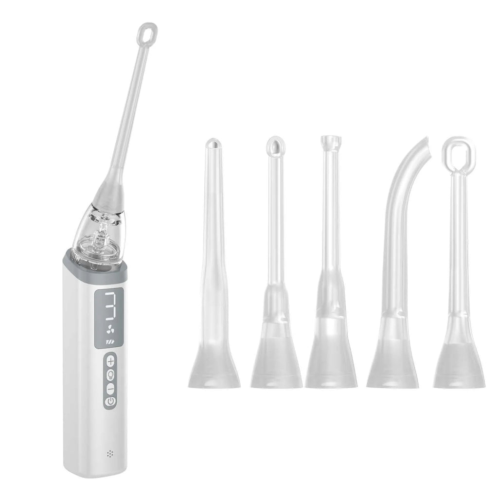 Milky white tonsil stone removal tool with curved extraction tip for oral hygiene and dental stone management