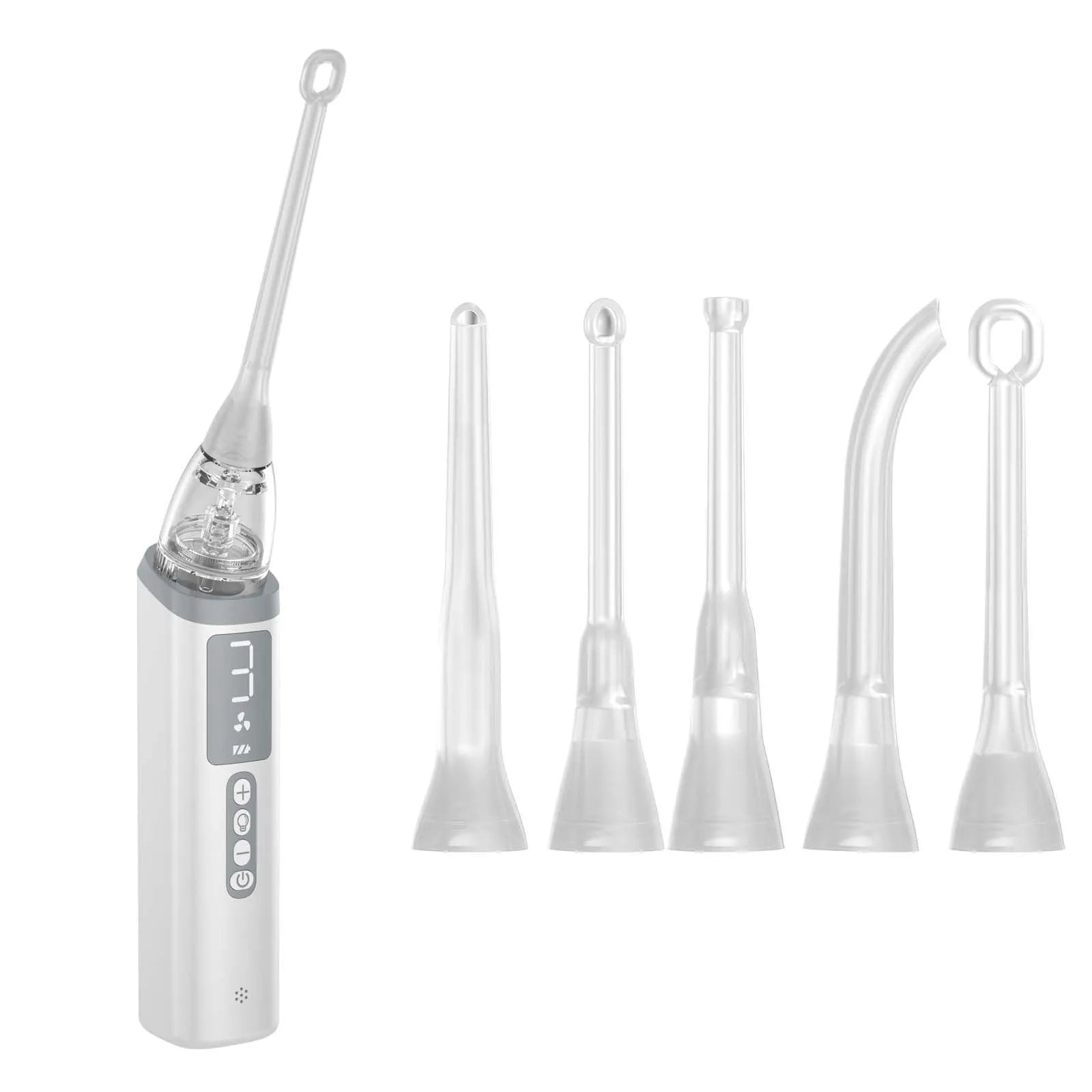 Milky white tonsil stone removal tool with curved extraction tip for oral hygiene and dental stone management