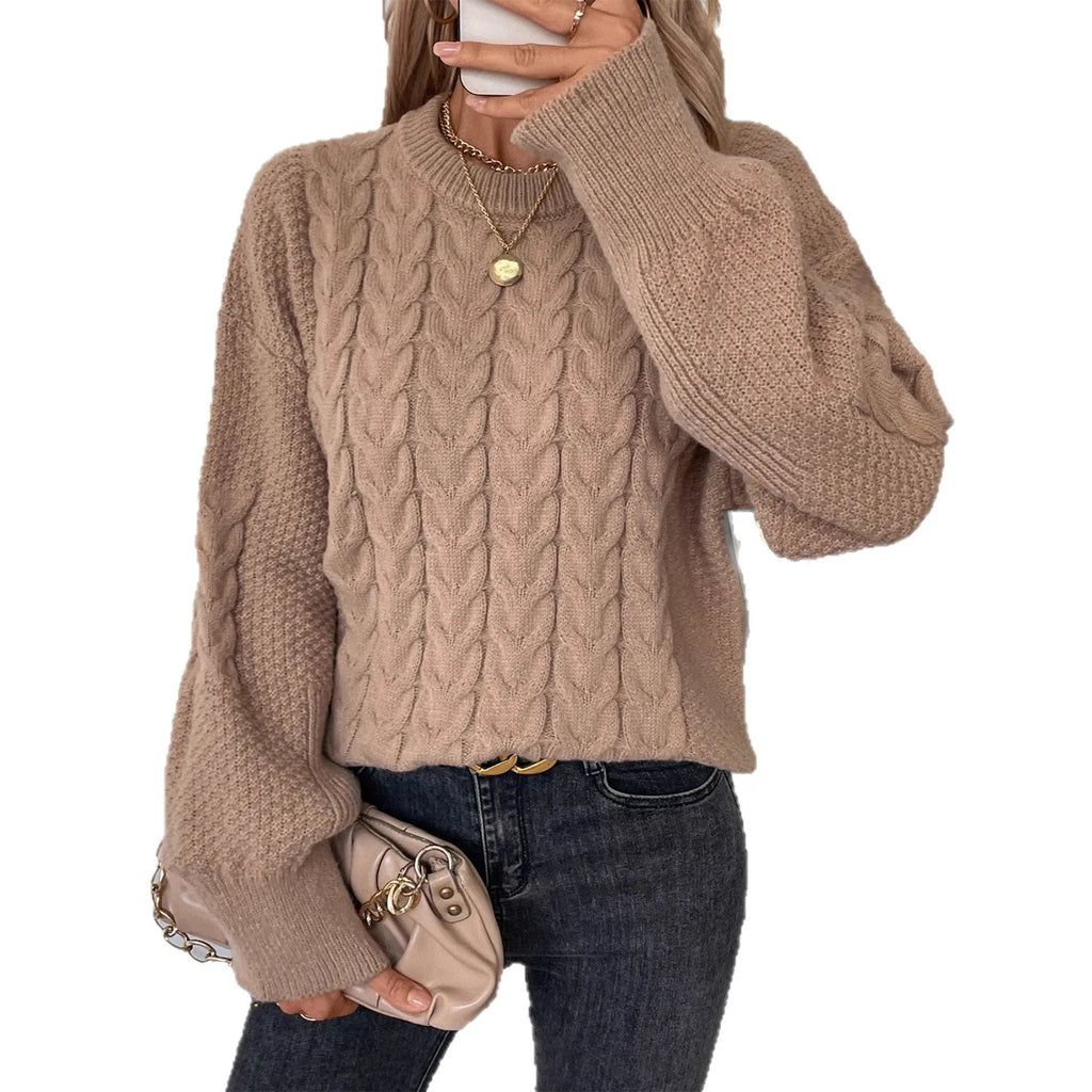 Women's khaki pullover sweater with twist design detail and round neck