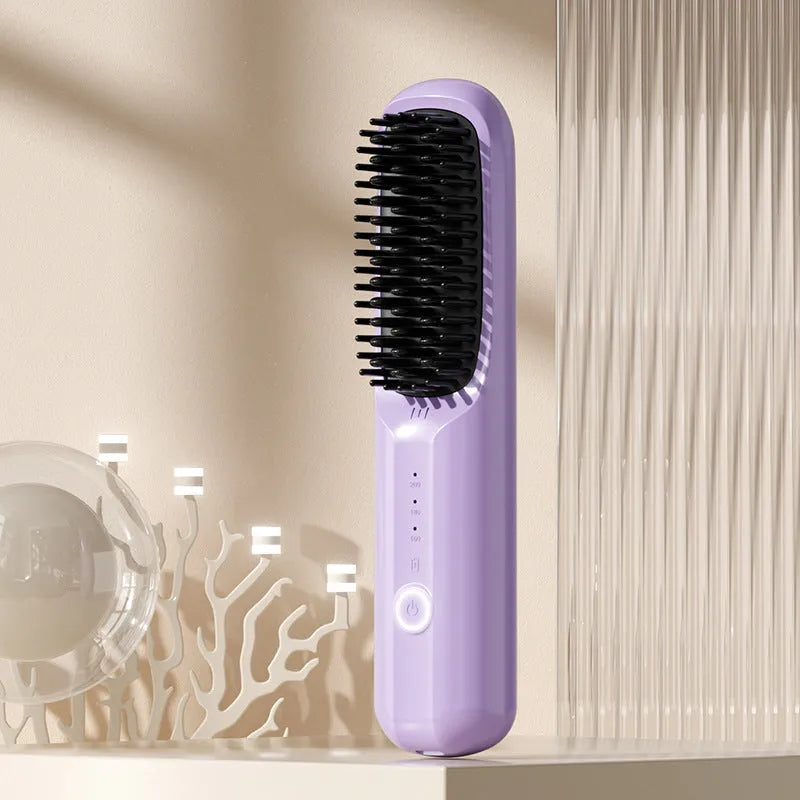 Wireless hair straightening comb in beige white colour with negative ion technology and USB-C charging port