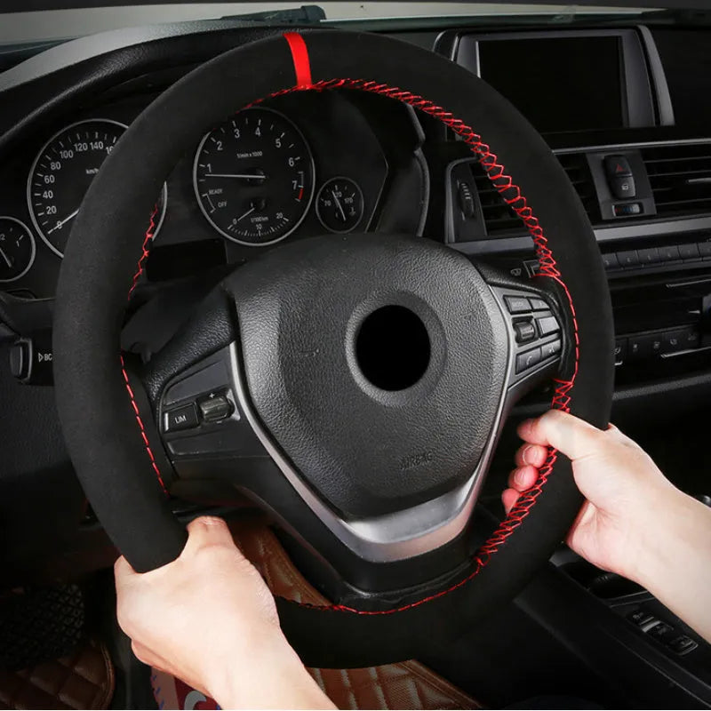 Black wool microfiber steering wheel cover with red accent line on 38cm diameter steering wheel