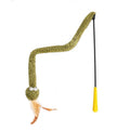 Green cat teasing stick with feather attachment on 140cm extendable pole for interactive feline play