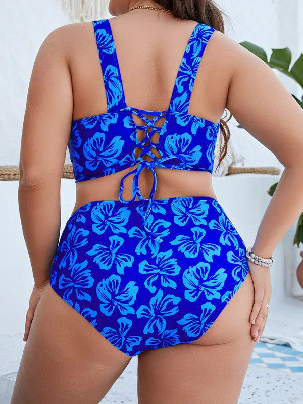 Blue floral pattern women's split bikini swimsuit in polyester fabric showing front view