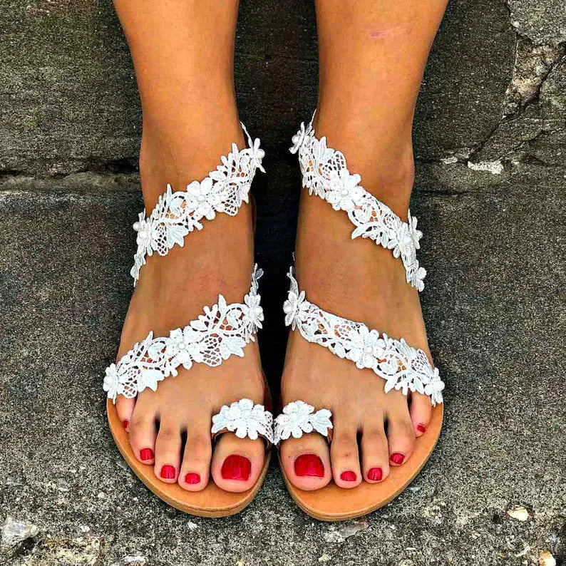 White women's sandals with floral pattern and rhinestones on PU upper, plus-size slip-on flats