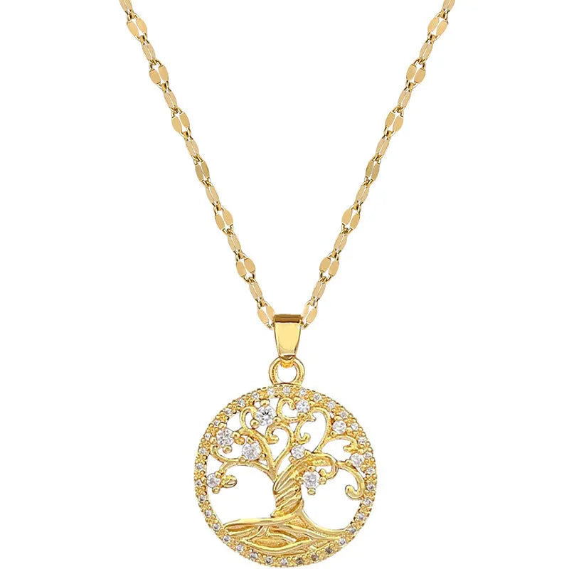 Gold-plated cross necklace with rhinestone lucky tree pendant and mother pearl detail on adjustable 41-50cm chain