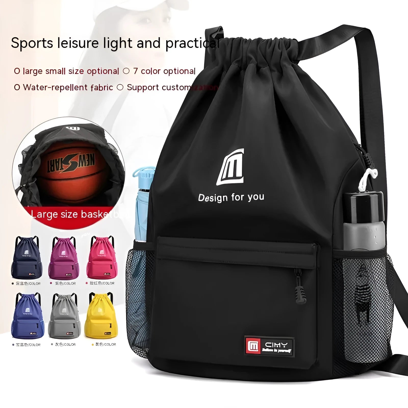 Large Oxford fabric drawstring travel backpack in multiple colours with a mobile phone pocket.