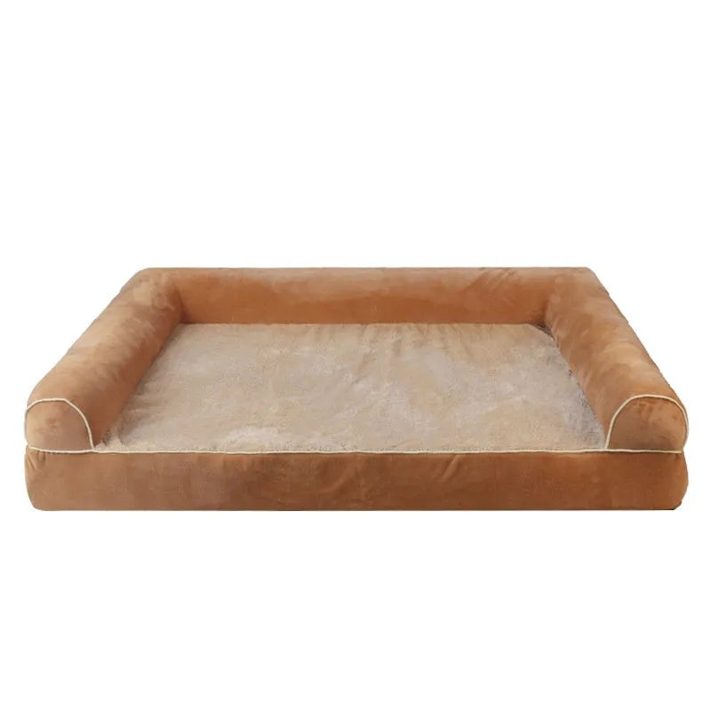 Square sponge dog bed in blue colour with removable cloth cover showing size dimensions