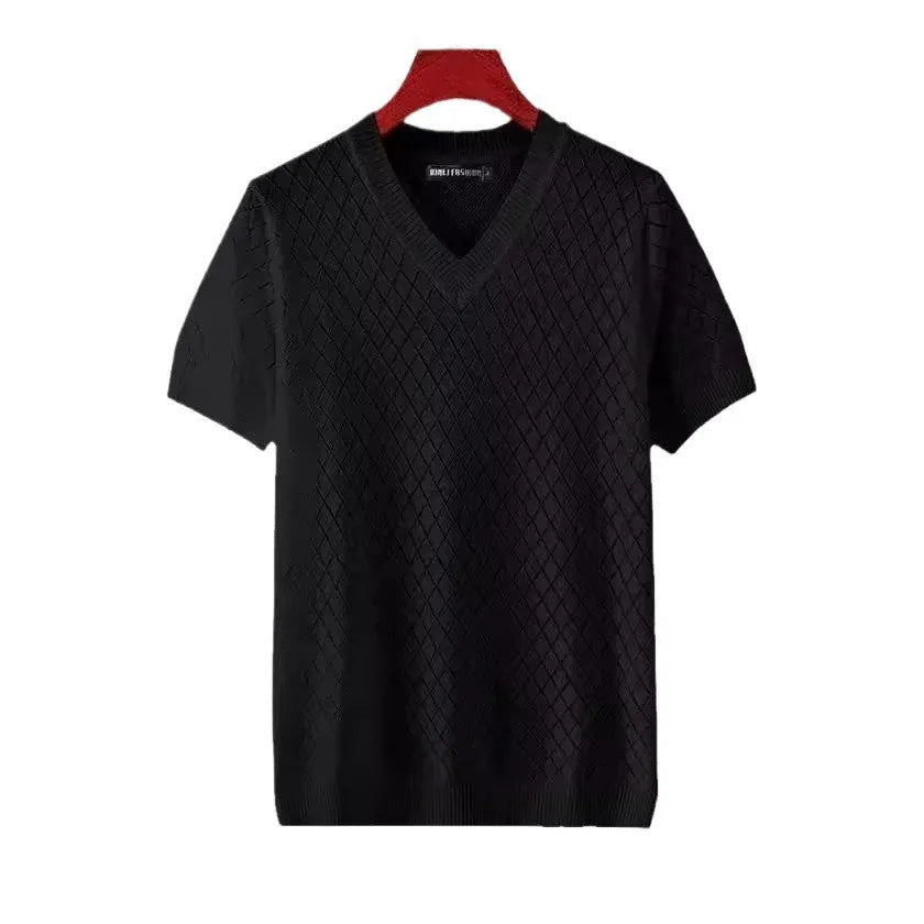 Men's Black and White Korean style ice silk t-shirt showing V-neck and round neck options.