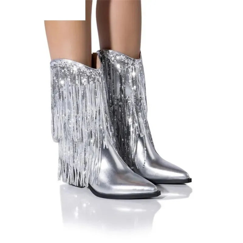 Women's black chunky heel tassel ankle boots with a pointed toe and stiletto heel.