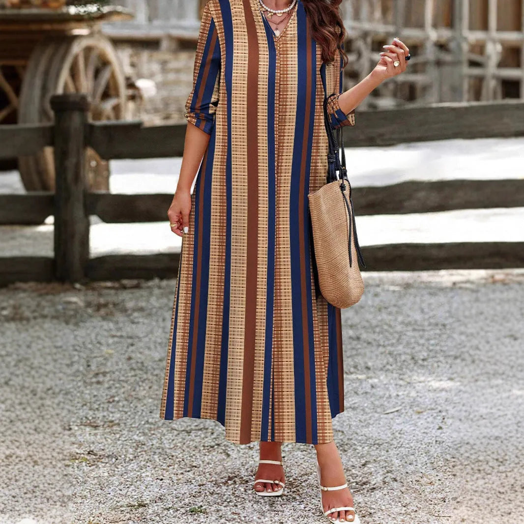 Camel coloured striped V-neck knitted polyester dress with A-line silhouette and long sleeves