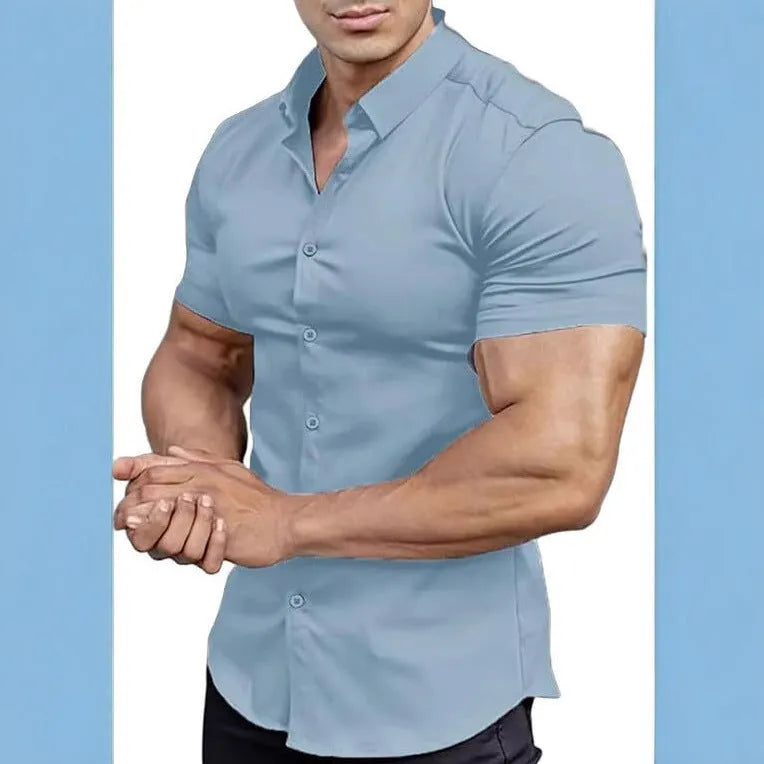 Men's short sleeve printed casual shirt with collar in cardigan style, shown in a dark blue colour.