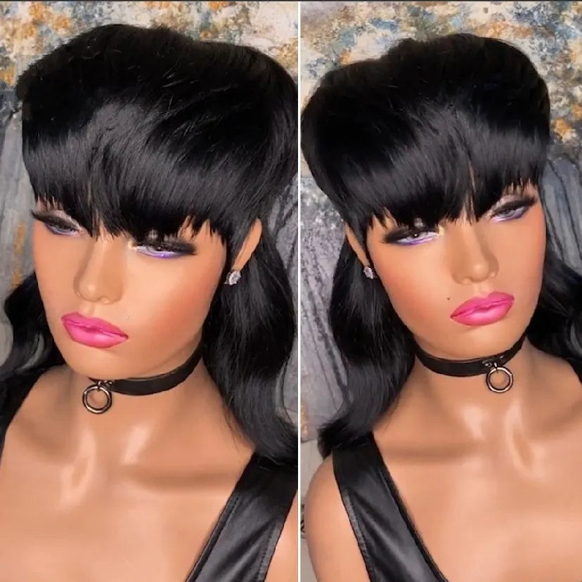 Black Brazilian synthetic wig with bangs and front short back long hairstyle