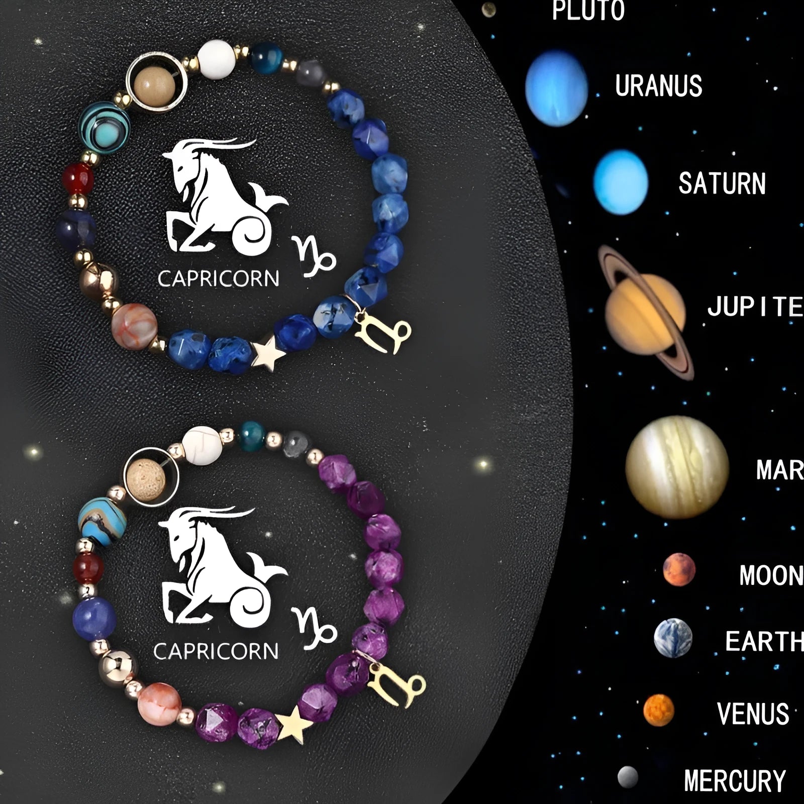 Two natural stone beaded bracelets with zodiac sign charms showing different horoscope symbols