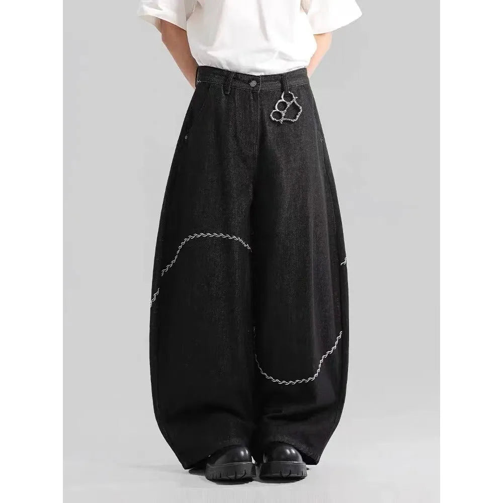 Black straight-leg denim trousers with mid waist design and zip placket closure for teenage daily wear