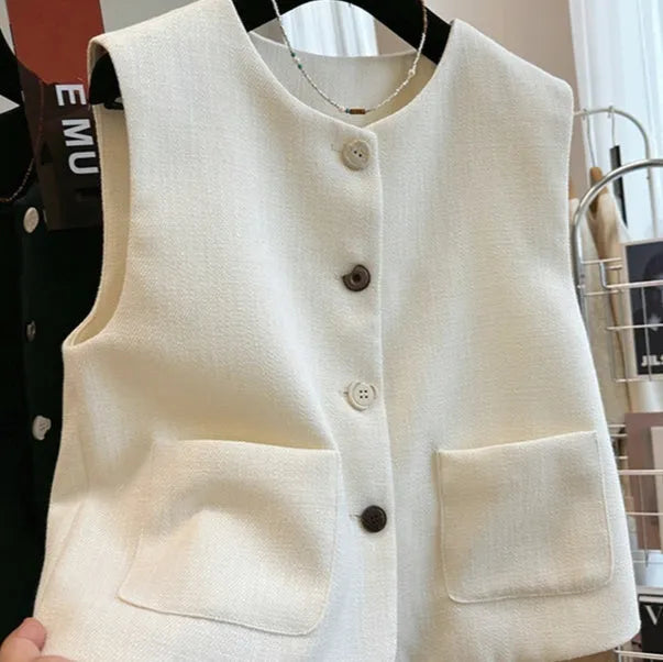Women's French-style round neck sleeveless vest dress in polyester fabric, shown in Milky White colour