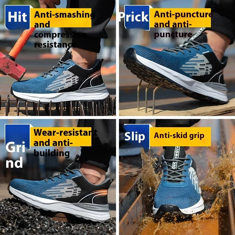 Blue men's safety work shoes with plastic toe cap, mesh upper, and lace closure