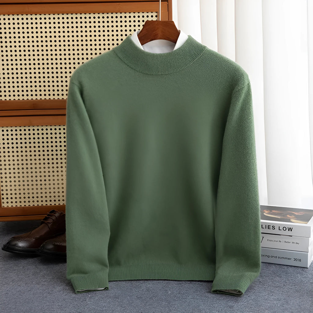 Men's half turtleneck wool sweater in a loose fit, shown in a range of colour options.