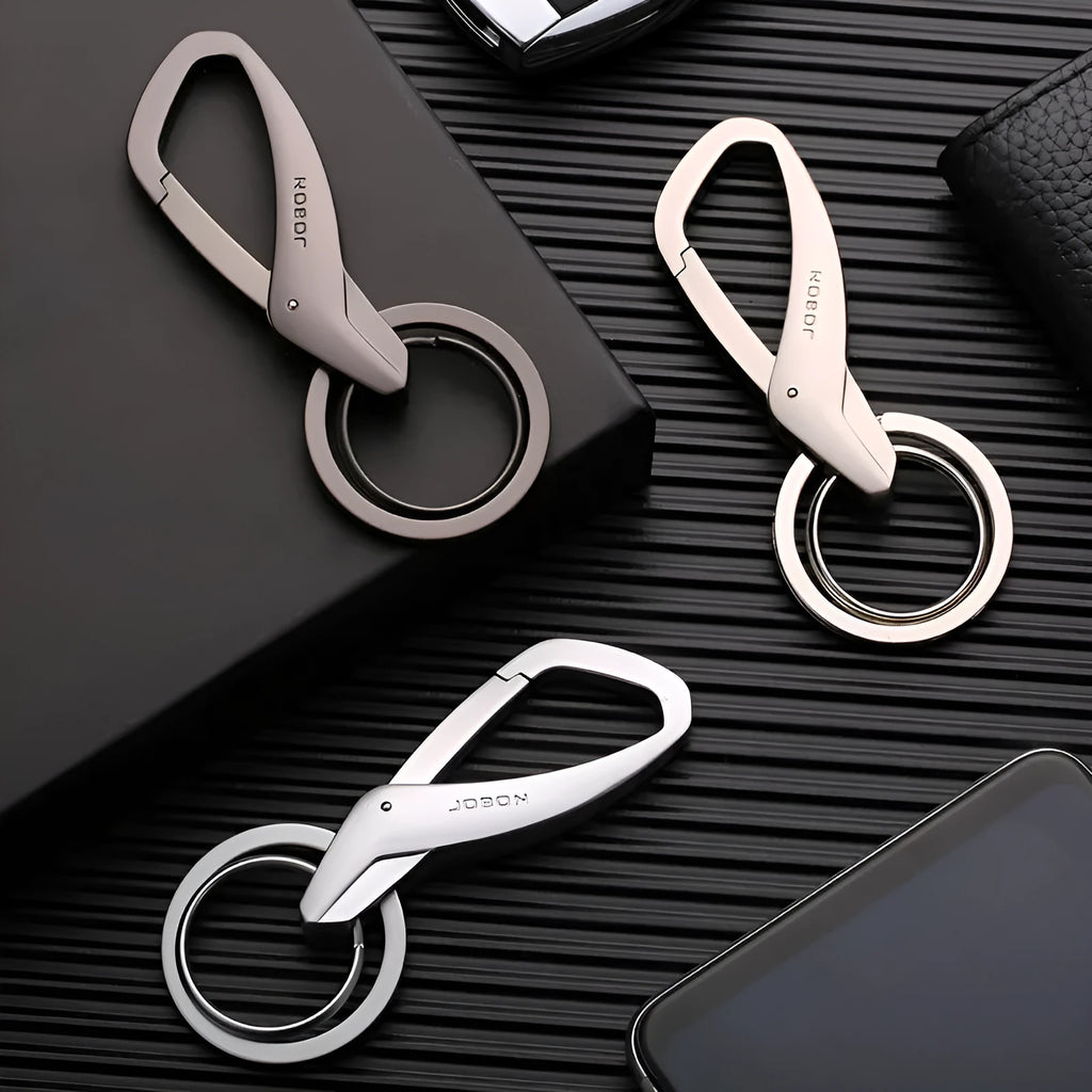 Zinc alloy double ring car key chain in black, chrome, and nickel colour options showing 8.3cm size