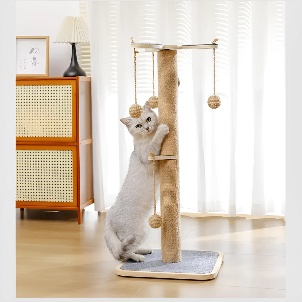 Windmill design cat climbing frame with hanging ball toy made from pine wood and carpet leather