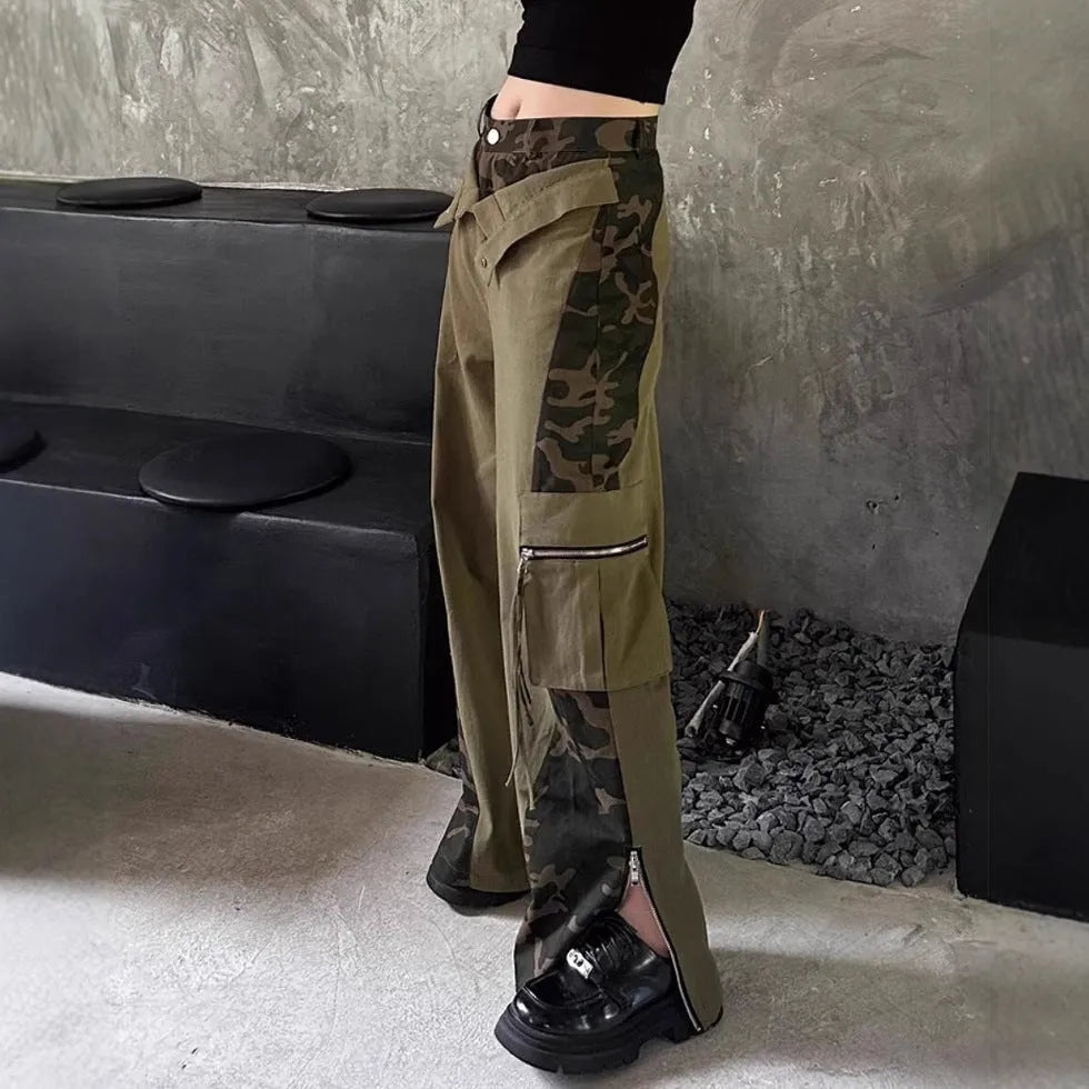 Women's high waist straight leg jeans with leopard print detail on dark khaki denim