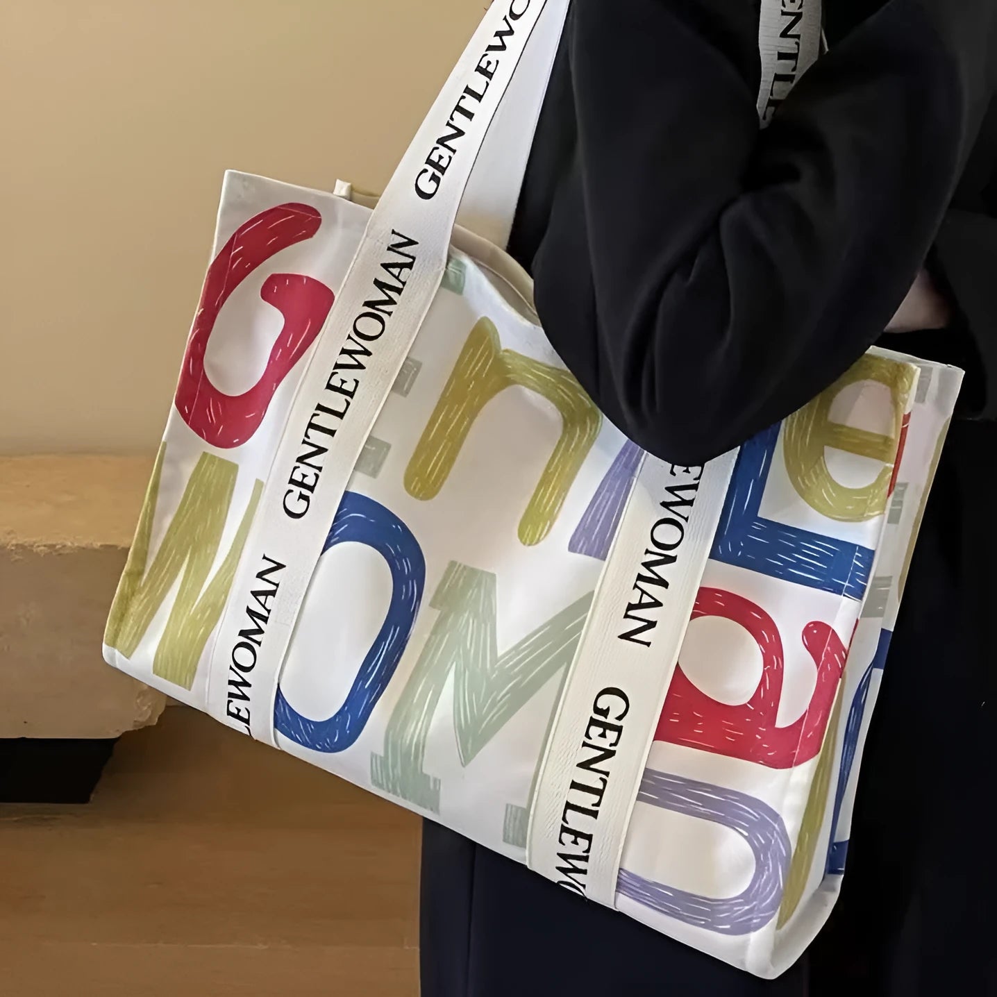 Large canvas tote bag with printing detail in black letters, coloured letters, or pattern style variations