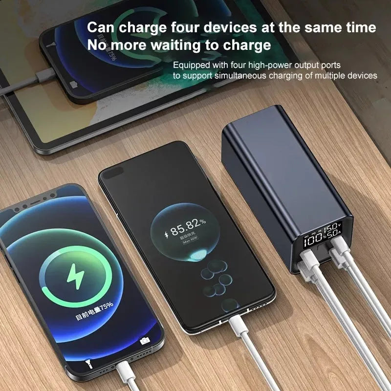 High power laptop charging bank with metal casing showing black, blue, and grey colour options
