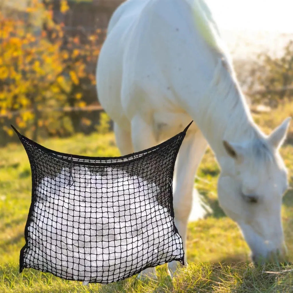Woven grid horse feeding bag made from PE rope in black colour showing hanging design