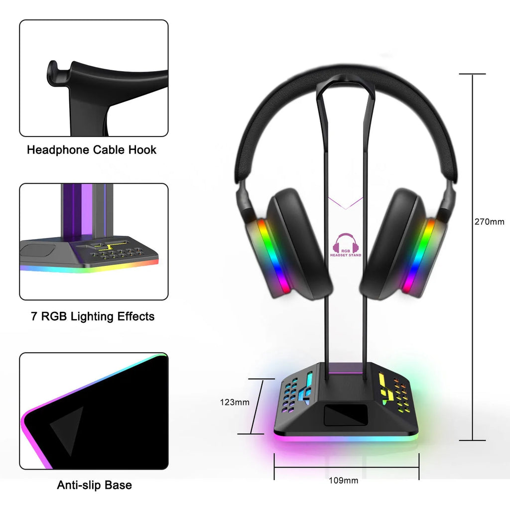 RGB colour changing headphone stand with dual USB hub showing black acrylic variant