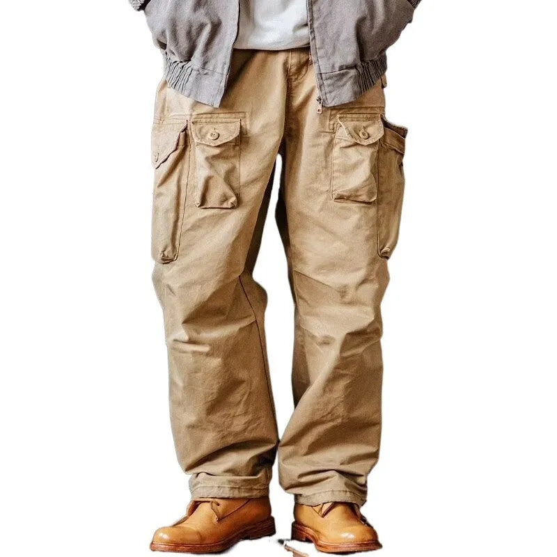 Men's multi-pocket corduroy cargo trousers in khaki, green or black, long straight drawstring no-fly design with belt